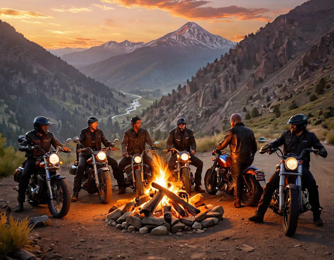 A dynamic scene featuring a diverse group of bikers gathered around a roaring campfire at sunset, sharing stories and laughter. The background should showcase a stunning mountain range with winding roads, adorned with custom motorcycles reflecting individuality. Incorporate elements of community such as banners and scattered gear, emphasizing a sense of camaraderie. The atmosphere should feel warm, inviting, and adventurous. super-realistic. vibrant colors. cinematic lighting.