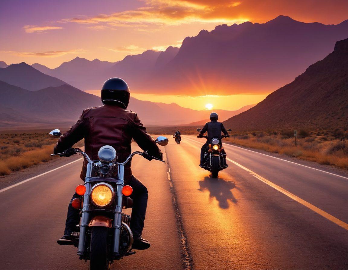 A thrilling scene of a diverse group of bikers riding on an open highway, helmets glimmering under the sun, with rugged mountains in the background. Add elements of motorcycle culture like leather jackets, vintage bikes, and patches. Include a sunset with vibrant orange and purple hues in the sky to evoke adventure and freedom. Capture the essence of camaraderie among the bikers. super-realistic. vibrant colors. dramatic lighting.