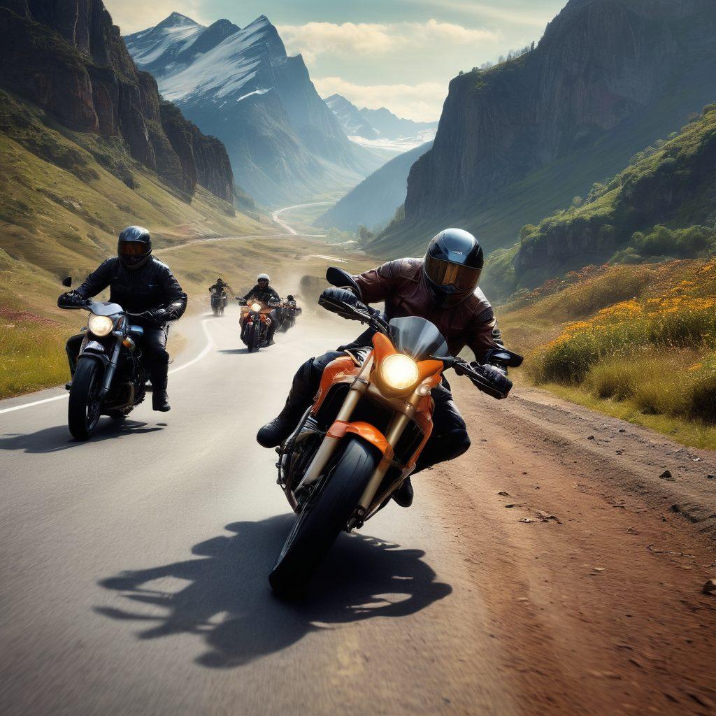 A dynamic composition featuring a diverse group of motorcycle enthusiasts in action, wearing protective gear and showcasing various styles of bikes. Include scenic landscapes in the background, such as winding roads and mountains. Add elements like helmets, gloves, and maps to emphasize the adventure spirit. The image should radiate excitement and camaraderie among riders. super-realistic. vibrant colors. outdoor setting.